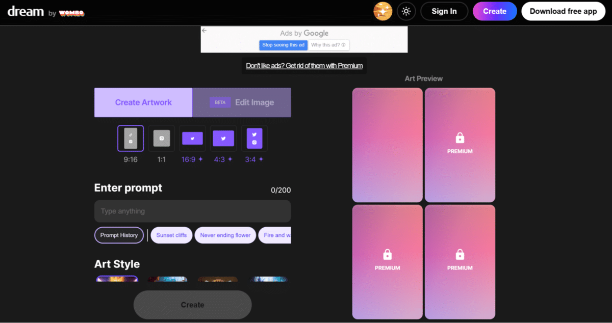 A screenshot of the Dream by WOMBO website
