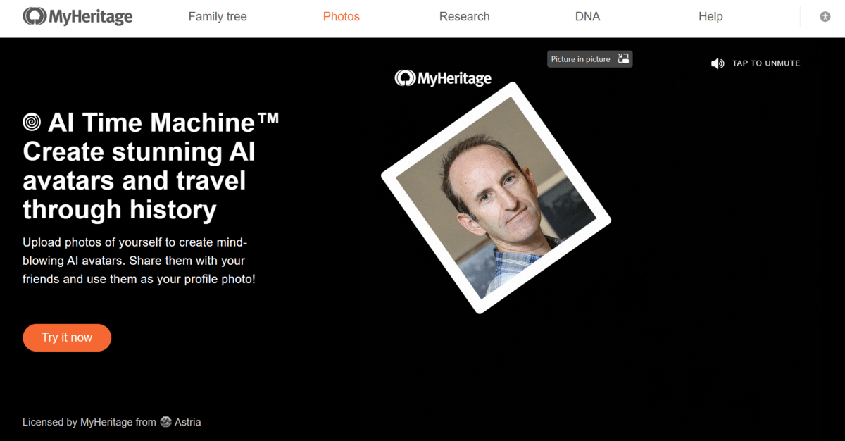 A screenshot of the MyHeritage AI Time Machine website