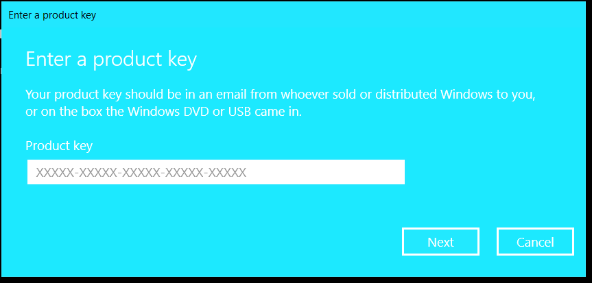 Change product key window, enter your valid product key