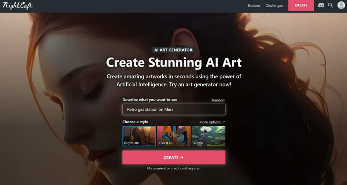 A screenshot of the NightCafe AI website