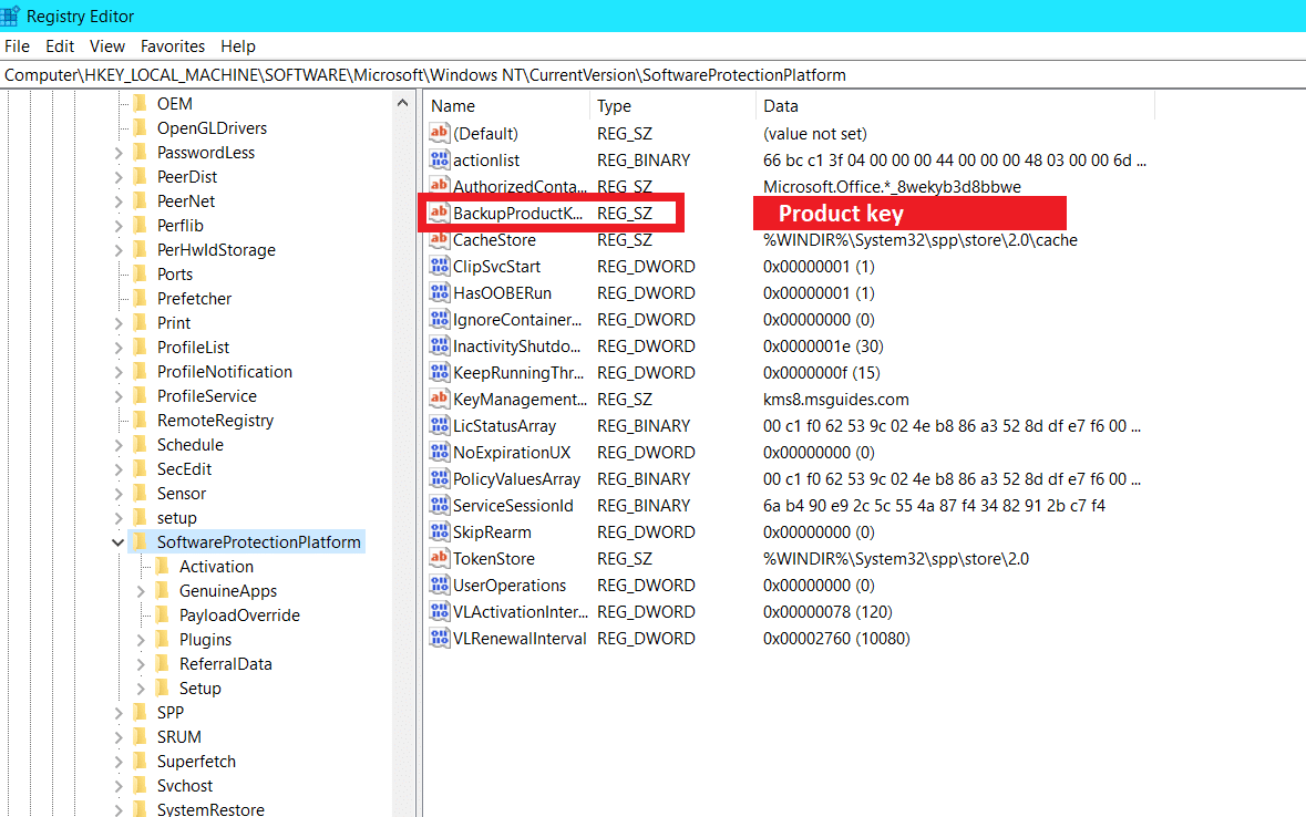 Product key in the Registry Editor