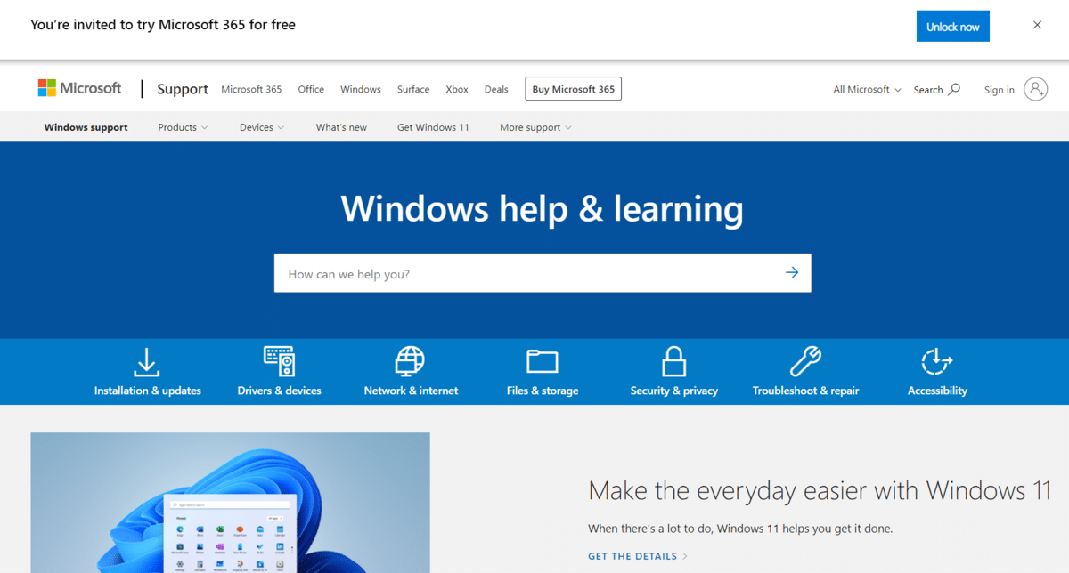 Microsoft support website page