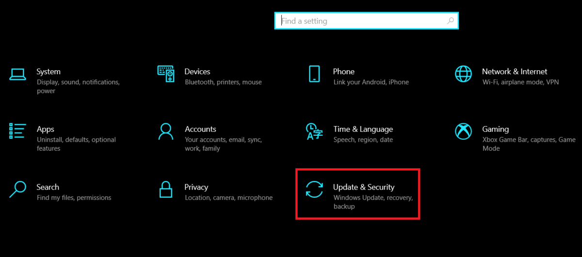 click on the Update & Security option.