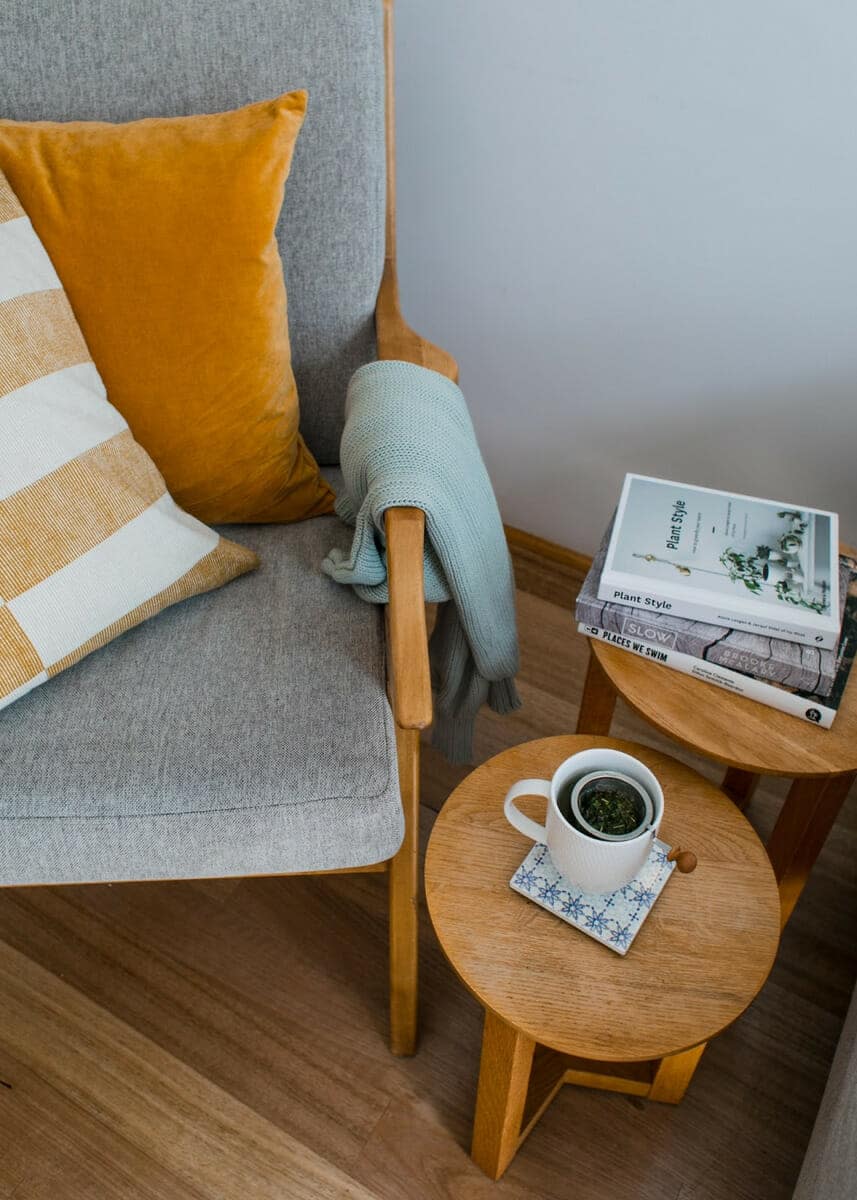 Reading corner with small table and armchair