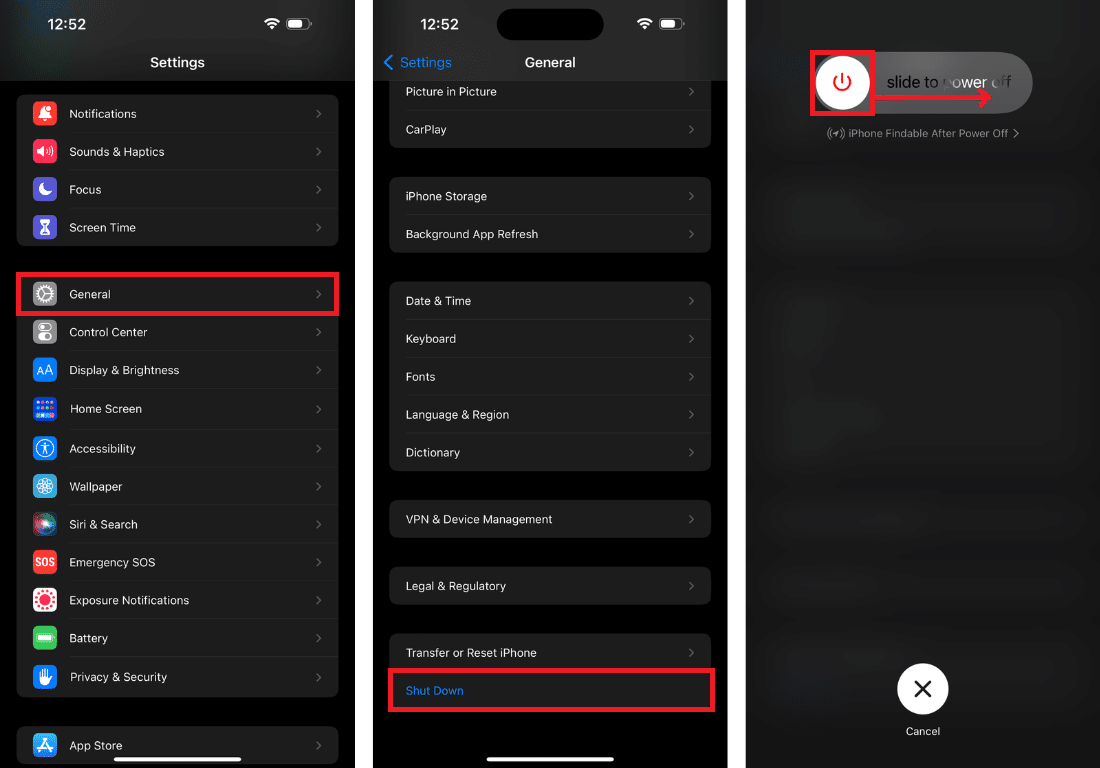 Turn off a phone without a power button—Screenshots showing the file path to power off using iPhone settings