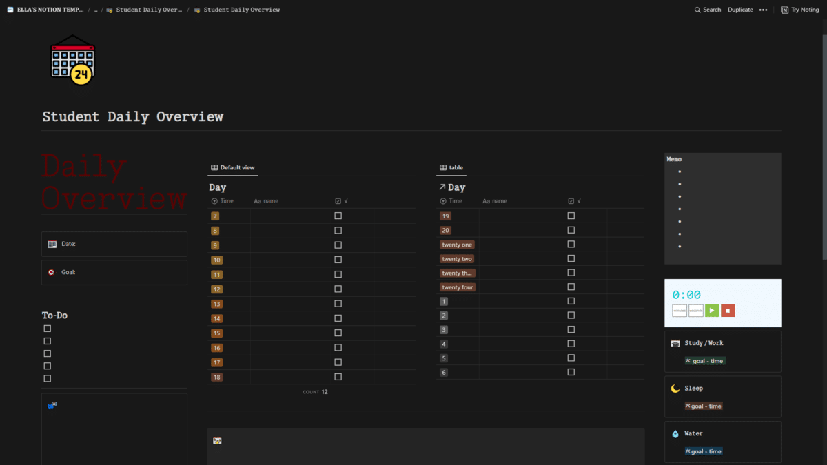 Overview of Notion Planner Student Daily Overview by Ella