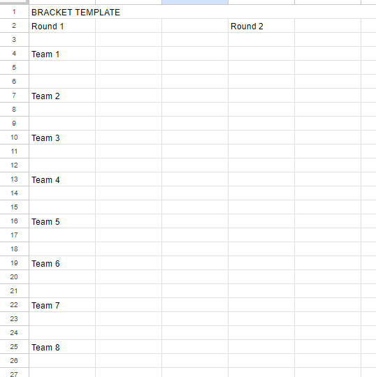 Spreadsheet example with teams in column A