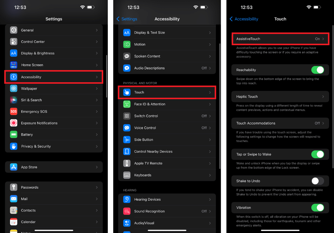 Screenshots showing how to turn on Assistive Touch on an iPhone