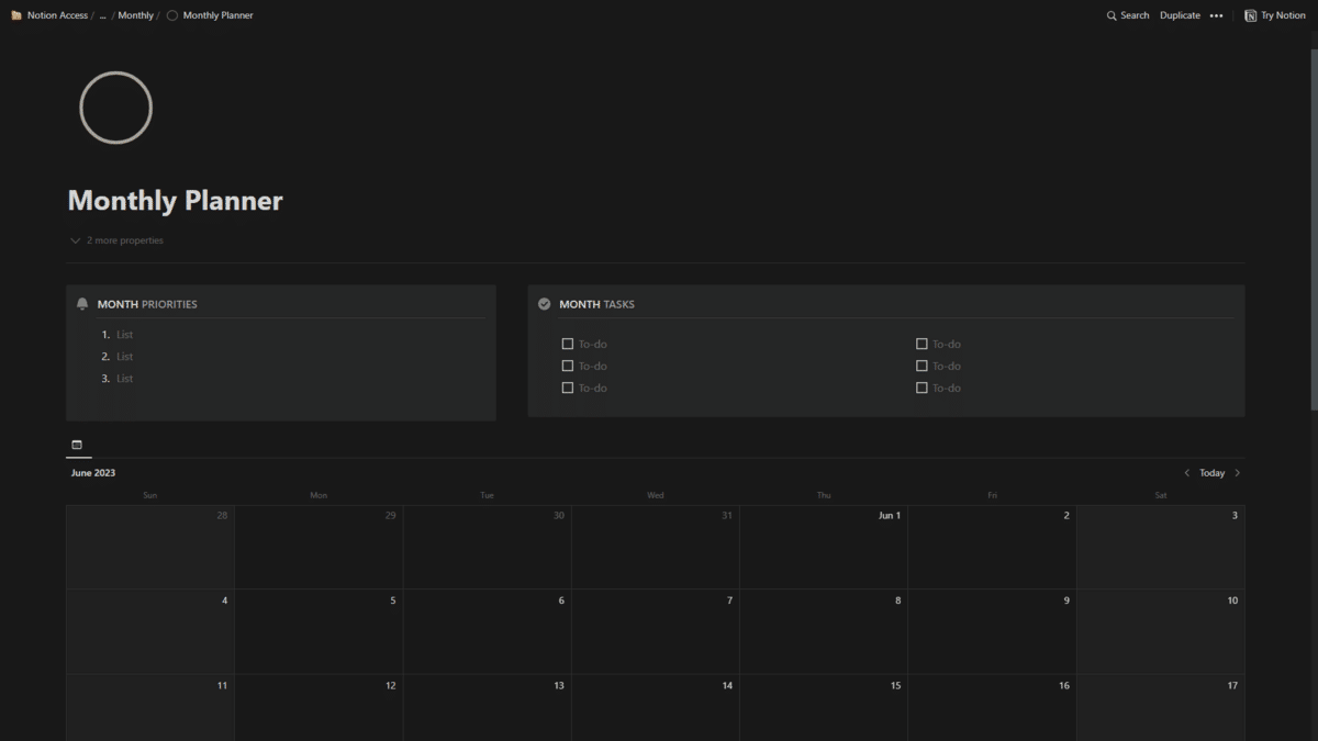 Overview of Monthly Planner by Notion Avenue