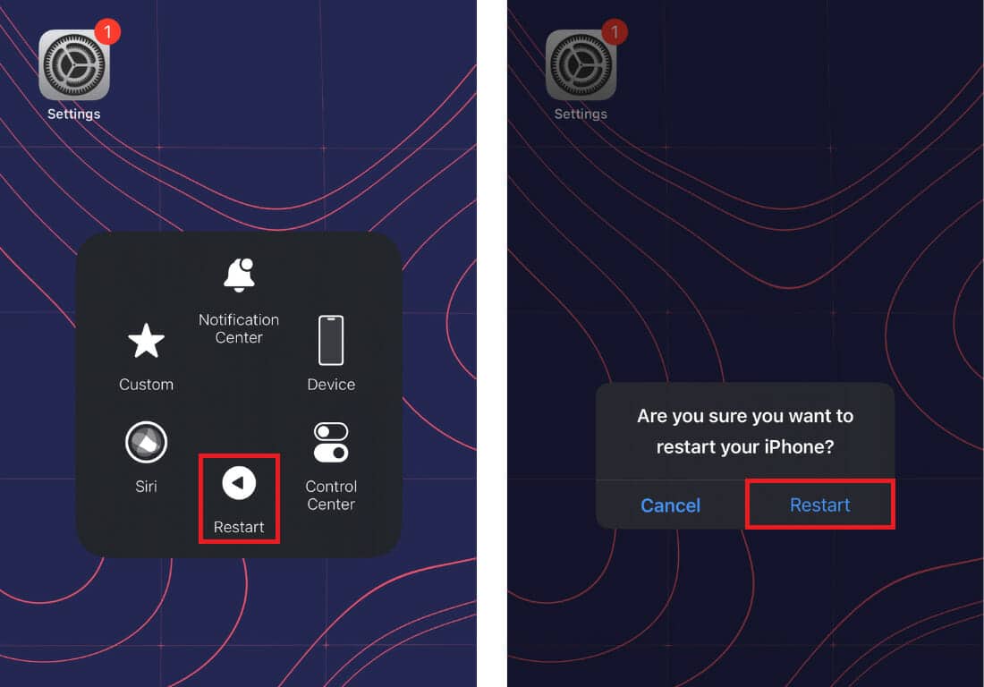 Screenshots showing how to restart with AssisitiveTouch menu