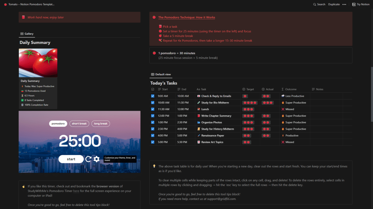 Overview of Pomodoro Template