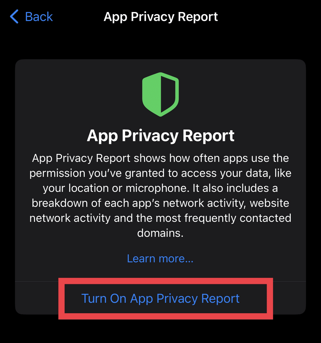 How to turn on app privacy report