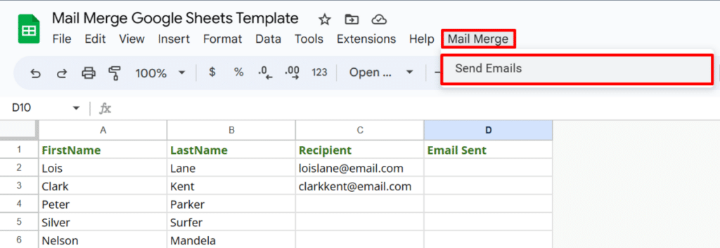 Where to find the "Send Emails" option in the Mail Merge tab in Google Sheets