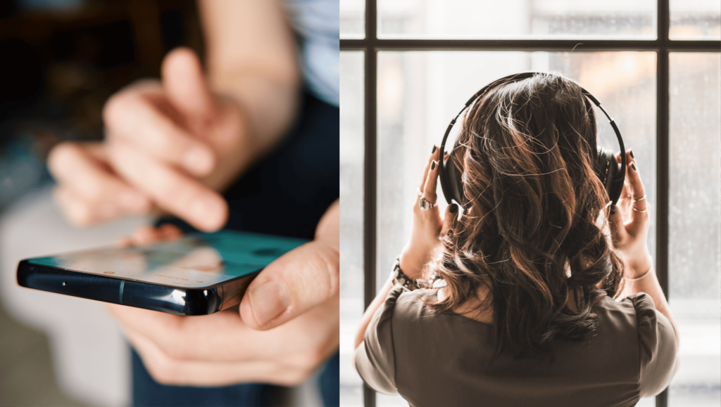 A collage of two photos, one is a person on a phone, the other is listening to headphones. This symbolizes social listening on social media to find the best subreddits.