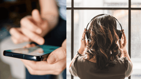 A collage of two photos, one is a person on a phone, the other is listening to headphones. This symbolizes social listening on social media to find the best subreddits.